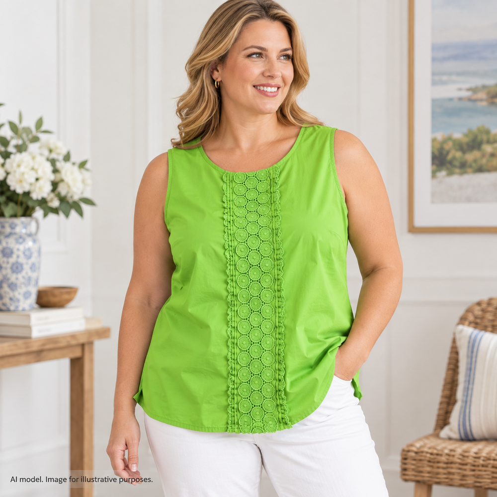 Talbots Shirt Womens 14WP Green Sleeveless Crochet Side Zip Stretch Petite